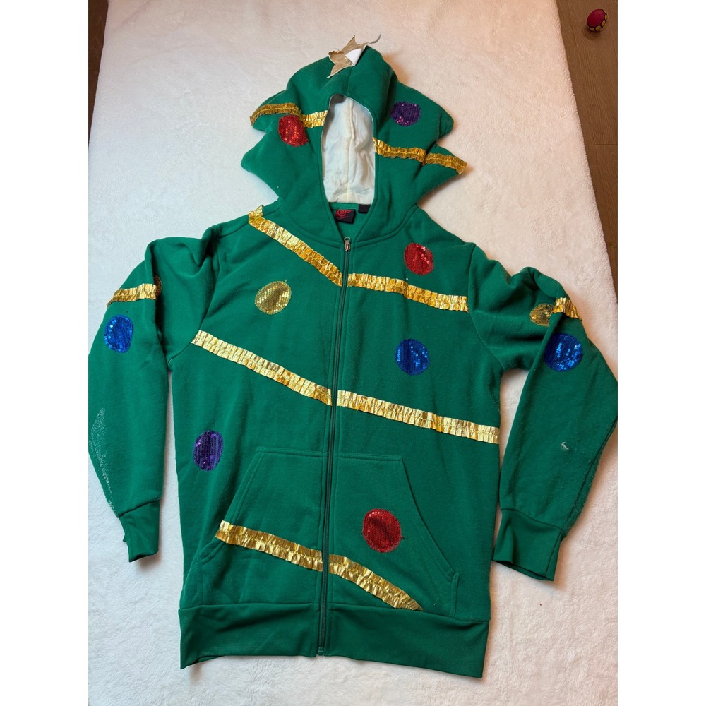 Hybrid Christmas Tree Zip Hoodie Large Green Sequin Ornaments Gold Star Holiday